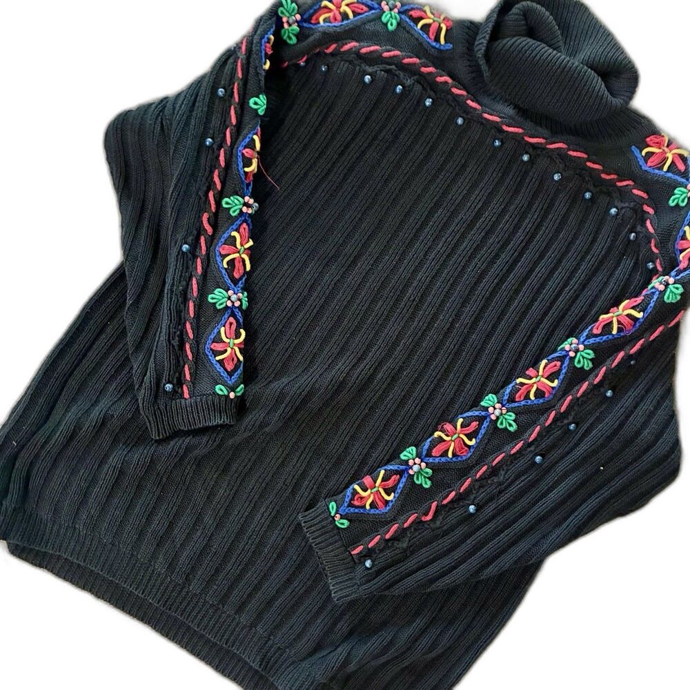 Vintage I.B. Diffusion Black Embroidered Beaded Southwestern Oversized M Sweater
